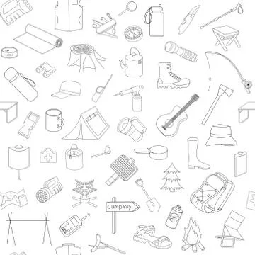 Travel pattern with many elements. camping accessories, dishes, equipment Stock Illustration