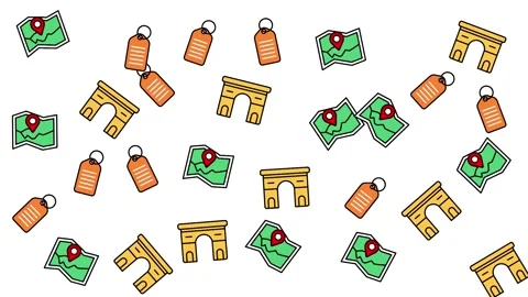 Travel Pattern with Map Pin Luggage Tag and Landmark Icons on White Background Stock Footage 345539615