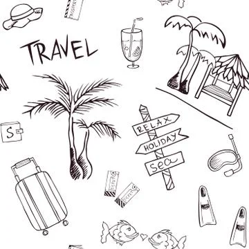 Travel pattern with trip attributes on transparent background. Background with Stock Illustration