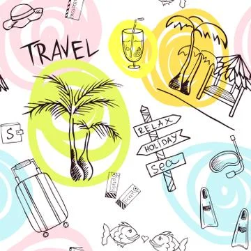 Travel pattern with trip attributes on transparent background. Background with Stock Illustration