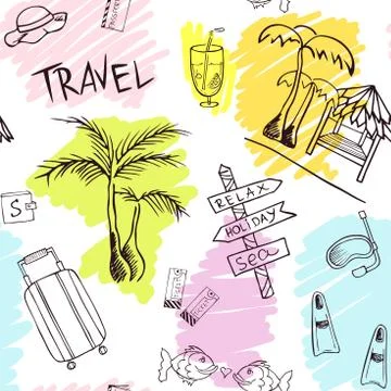 Travel pattern with trip attributes on transparent background. Background with Stock Illustration