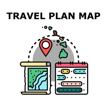 Travel plan map concept illustrating trip organization Stock Illustration