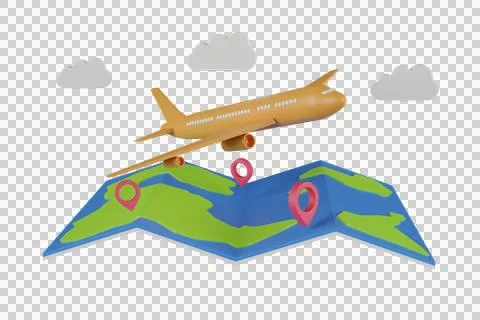 Travel by plane creative concept.3D rendering pin map and suitcase Stock Illustration