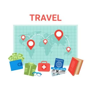 Travel Planning Background Pointers On World Map Baggage Items Icons Stock Illustration
