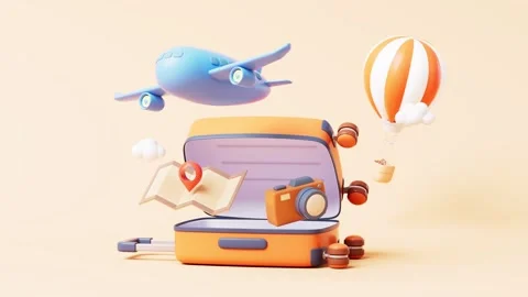 Travel planning concept with dynamic 3d animation showing open suitcase air.. 库存影片 327524534