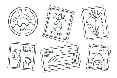 Travel postage stamp set Stock Illustration