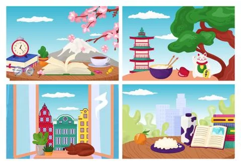 Travel postcards set of vector illustrations of flat design. Travel world Illustrazione stock