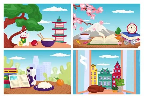 Travel postcards set of vector illustrations of flat design. Travel world イラスト素材