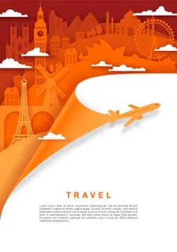 Travel poster, banner template, vector illustration in paper art style Stock Illustration