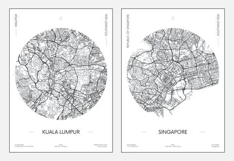 Travel poster, urban street plan city map Kuala Lumpur and Singapore, vector  Stock Illustration
