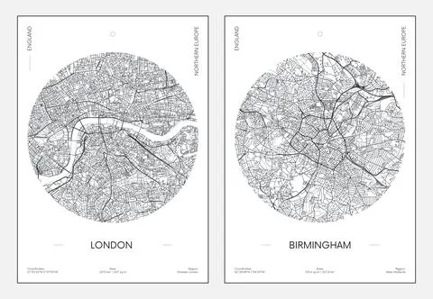 Travel poster, urban street plan city map London and Birmingham, vector illus Stock Illustration