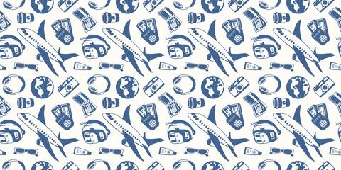 Travel seamless pattern with airplane, backpack, sunglasses, camera, ticket and Stock Illustration