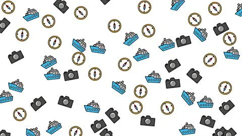 Travel seamless pattern with cruise ship, compass and camera icons on white Stock Illustration