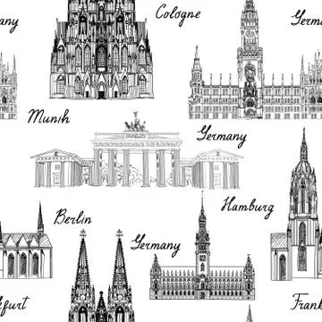 Travel seamless pattern. Germany background. Famous landmarks. Stock Illustration