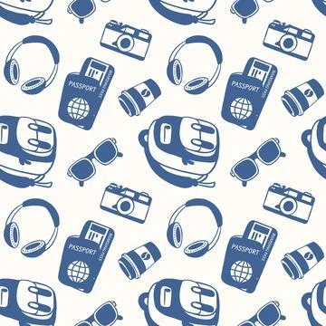 Travel seamless pattern with passport, camera, sunglasses, headphone in flat 스톡 일러스트