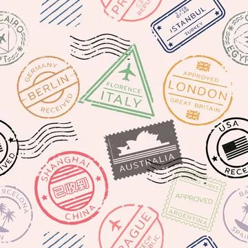 Travel Seamless Pattern. Post stamps from countries all around the world. Stock Illustration