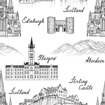 Travel seamless pattern. Scotland background. Famous landmarks. Stock Illustration