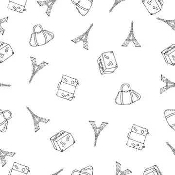 Travel seamless repeat pattern with cartoon sketch elements Stock Illustration
