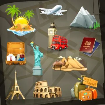 Travel set of vector icons on background Stock Illustration