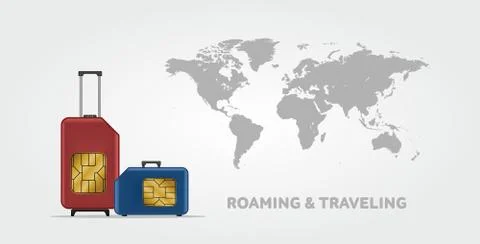 Travel SIM vector illustration on blue radial gradient background. Roaming. Illustrazione stock