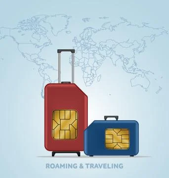Travel SIM vector illustration on blue radial gradient background. Roaming. Illustrazione stock