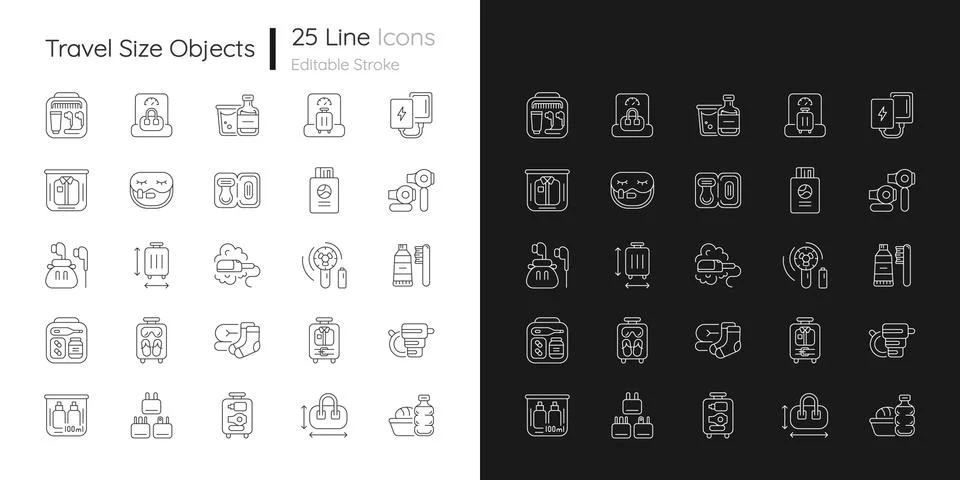 Travel size objects linear icons set for dark and light mode Stock Illustration