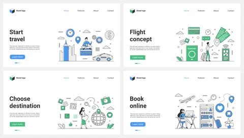 Travel start, destination set, tiny people buy, book online plane tickets Stock Illustration