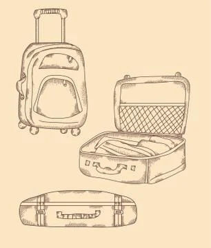 Travel stuff. Different types of suitcase, open, closed, stands on wheels Stock Illustration