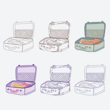 Travel stuff. Opened suitcase with things. Different design options - contour Illustrazione stock