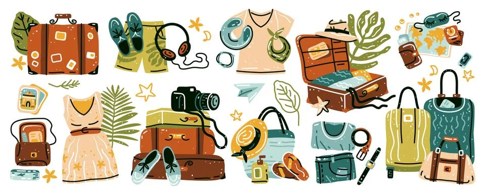 Travel stuff. Set of various items for vacation Stock Illustration