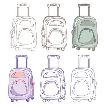 Travel stuff. The suitcase is on wheels. Different design options - contour Stock Illustration