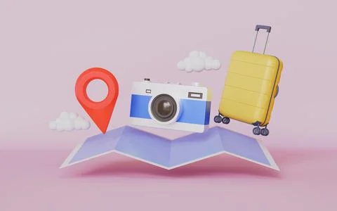 Travel suitcase and camera on a map, luggage and a location pin concept Stock Illustration