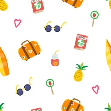 Travel summer pattern with hand drawn pineapple, sunglasses, suitcase, pink h Stock Illustration