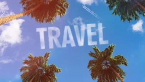 "travel" text in the sky in the form of clouds 3d animation theme of tourism Stock Footage 116791046
