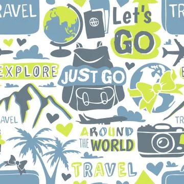 Travel theme seamless pattern with modern graphic vector illustration Stock Illustration