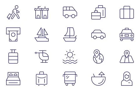 Travel - thin line vector icon set. Editable stroke. Pixel perfect. The set.. Stock Illustration