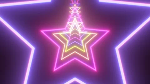Travel Through Circular Star Shaped Neon Glow Colorful Lights Tunnel Stock Footage 286031398