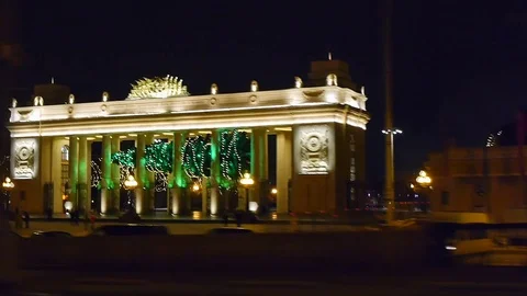 Travel through the city at night in front of the beautiful colonnade Stock Footage 86568096
