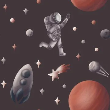 Travel through endless space. Astronaut, spaceship, planets. Seamless pattern. Stock Illustration