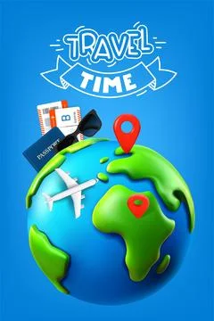 Travel time concept. 3d vector banner with lettering inscription Stock Illustration
