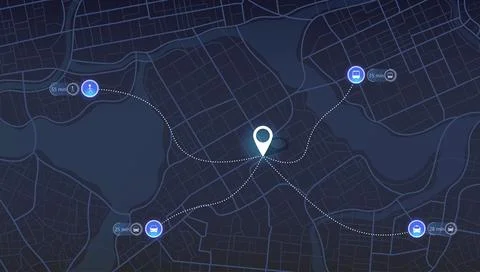 Travel time estimation interface showing car, bus and walking durations. イラスト素材
