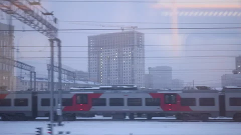 Travel by train. Evening, view from window on railway, trains Video stock 295989674