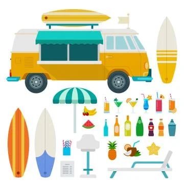 Travel Truck beach with drinks vector flat illustration. Set with bus, surfboard Stock Illustration