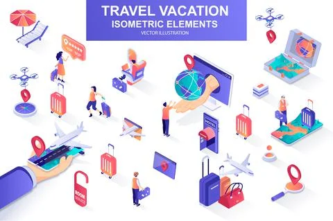 Travel vacation bundle of isometric elements. Stockillustratie