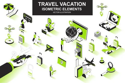 Travel vacation bundle of isometric elements. Flight booking, airplane boarding Stockillustratie