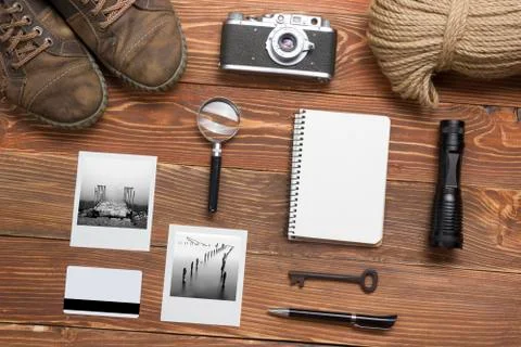 Travel, vacation concept. Camera, notepad, pen, credit card, supplies and Stock Photos