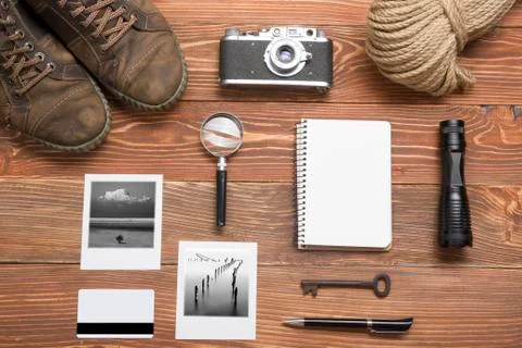 Travel, vacation concept. Camera, notepad, pen, credit card, supplies and 库存照片