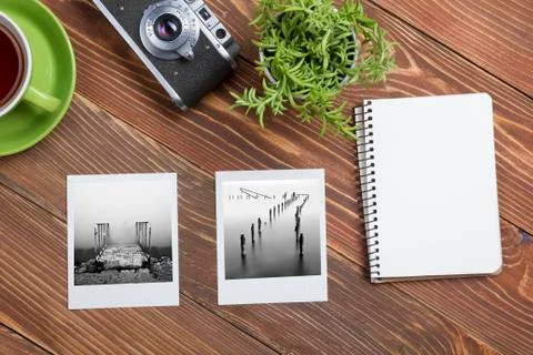 Travel, vacation concept. Camera, notepad, pen, credit card, supplies and 库存照片
