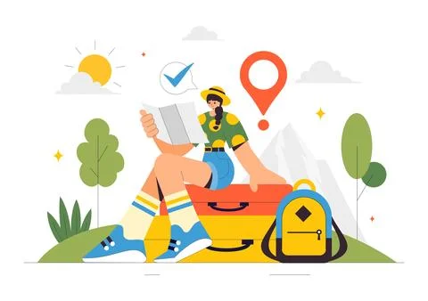 Travel Vector Illustration featuring Backpacking, Luggage, Maps, and Photo .. 스톡 일러스트