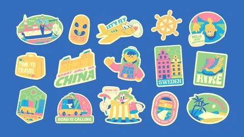 Travel Vector Retro Stickers Pack Stock Illustration